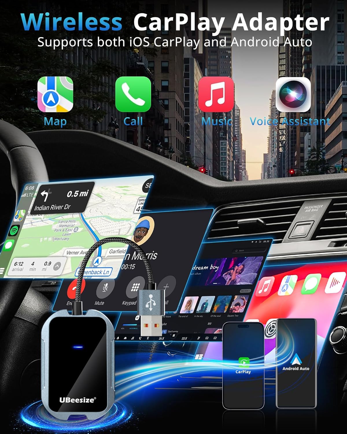 UBeesize Wireless CarPlay Adapter (2025) – Seamless Wireless Upgrade for 2017+ Cars | iPhone & Android Compatible