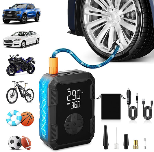 Tire Inflator Portable Air Compressor – Wireless & 12V Dual Power, Auto Shut-Off, Digital Display, Fast Inflation & LED Light, for Car, Bike, Sports & Travel