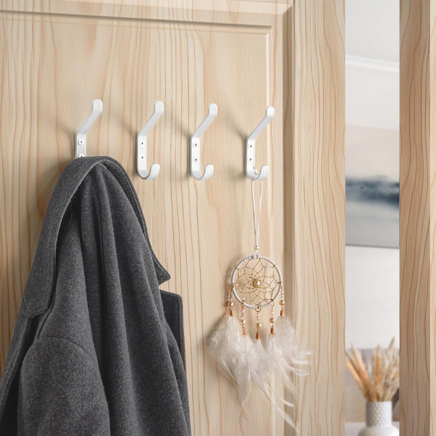 Coat Hook for Hanging, 20LB (Max), Stainless Wall Hooks for Towel, Hat, Backpack, Key, Clothes, Wall Mounted Coat Hanger for Closet, Metal, White, 4 Pack