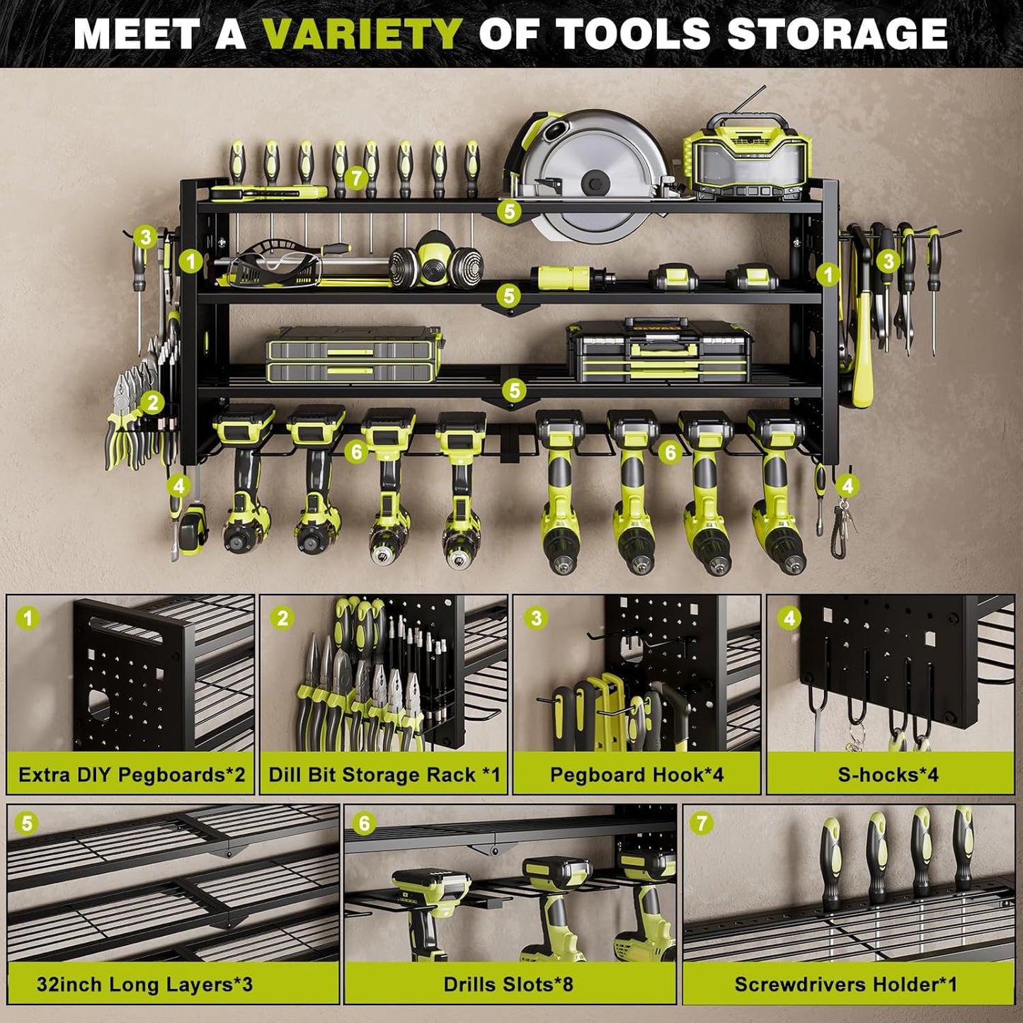Power Tool Organizer Wall Mount,Cordless Drill Organizer,4 Layers Large Capacity Tool Rack with 8 Drill Holders (BLACK)