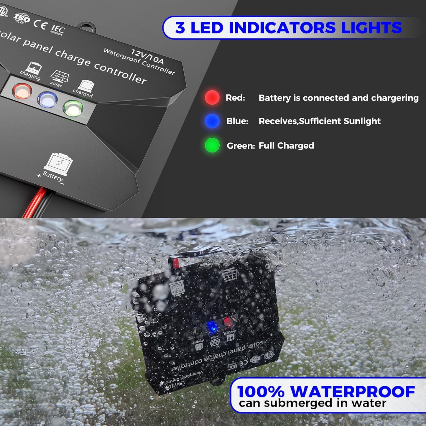 Solar Panel Kit 50W 12V, Solar Battery Trickle Charger Maintainer, Waterproof Solar Panel + Upgrade Charge Controller + Mount Bracket for Boat RV Motorcycle Marine