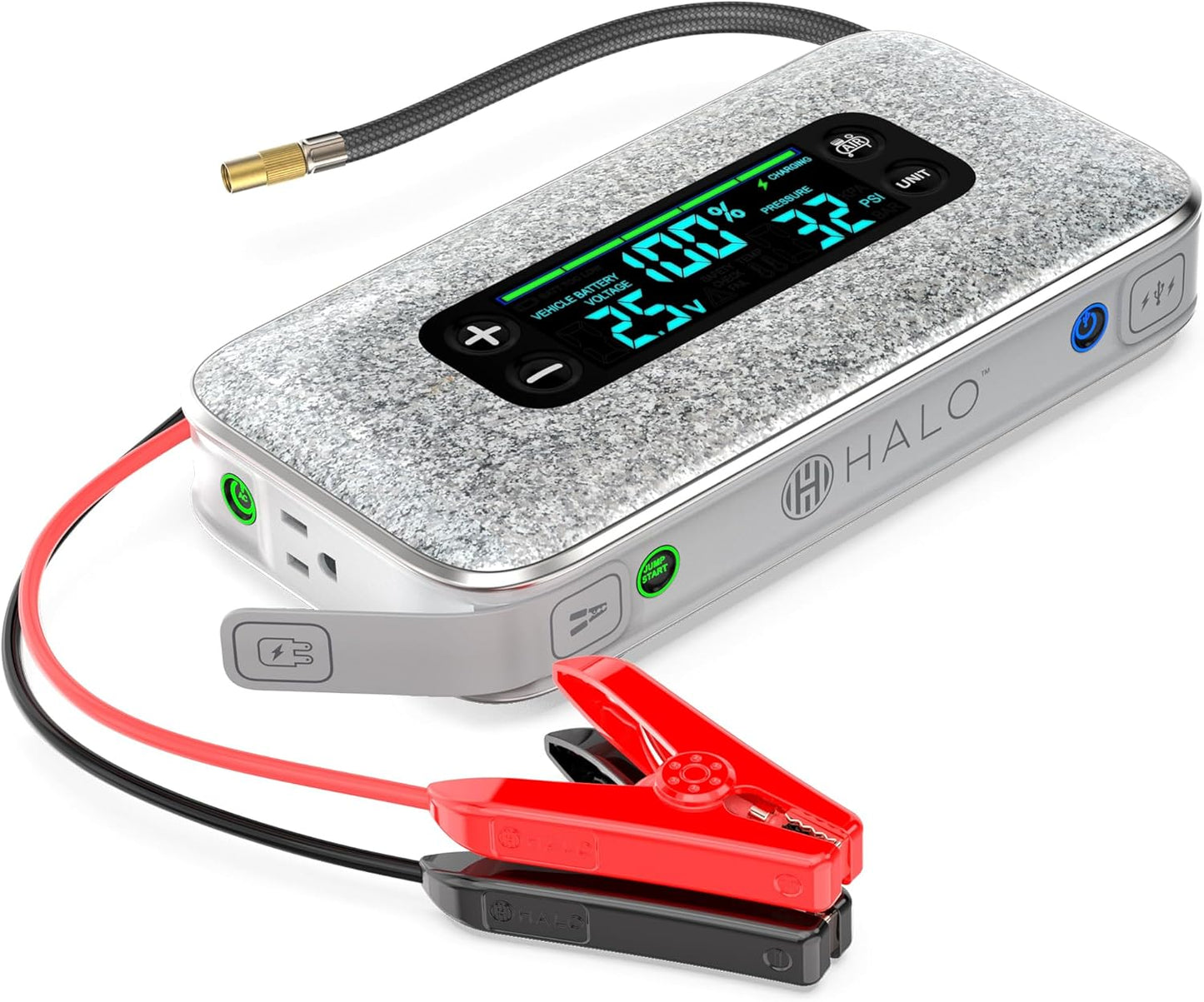HALO Bolt Ultimate 3 Portable Car Battery Jump Starter | 130 PSI Air Compressor, 55.5Wh USB Power Bank, Large Display, Emergency Floodlight & Charger, Jumps Cars SUVs & Trucks, Inflates Tires — Grey