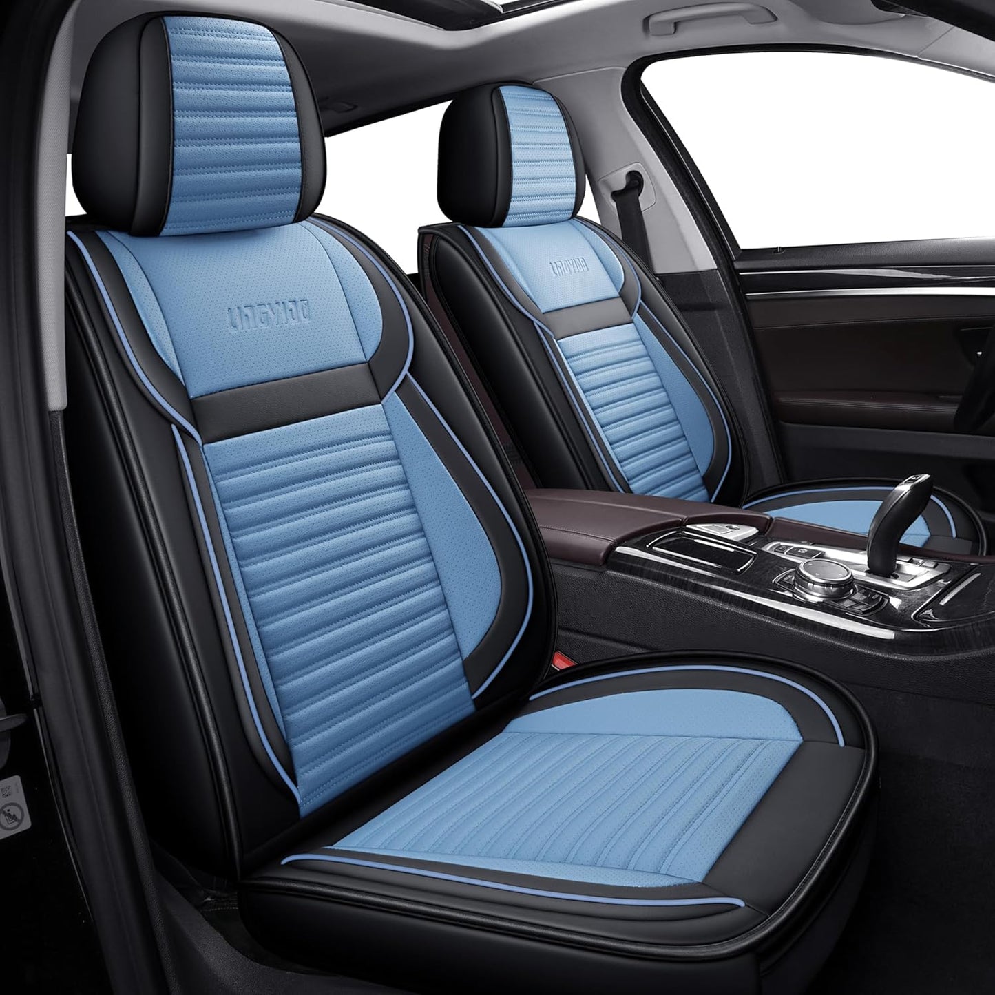 LINGVIDO Car Seat Covers, Breathable and Waterproof Faux Leather Automotive Seat Covers for Cars SUV Truck Sedan,Universal Anti-Slip Seat Cover with Backrest (Front Seat, Light Blue & Black)