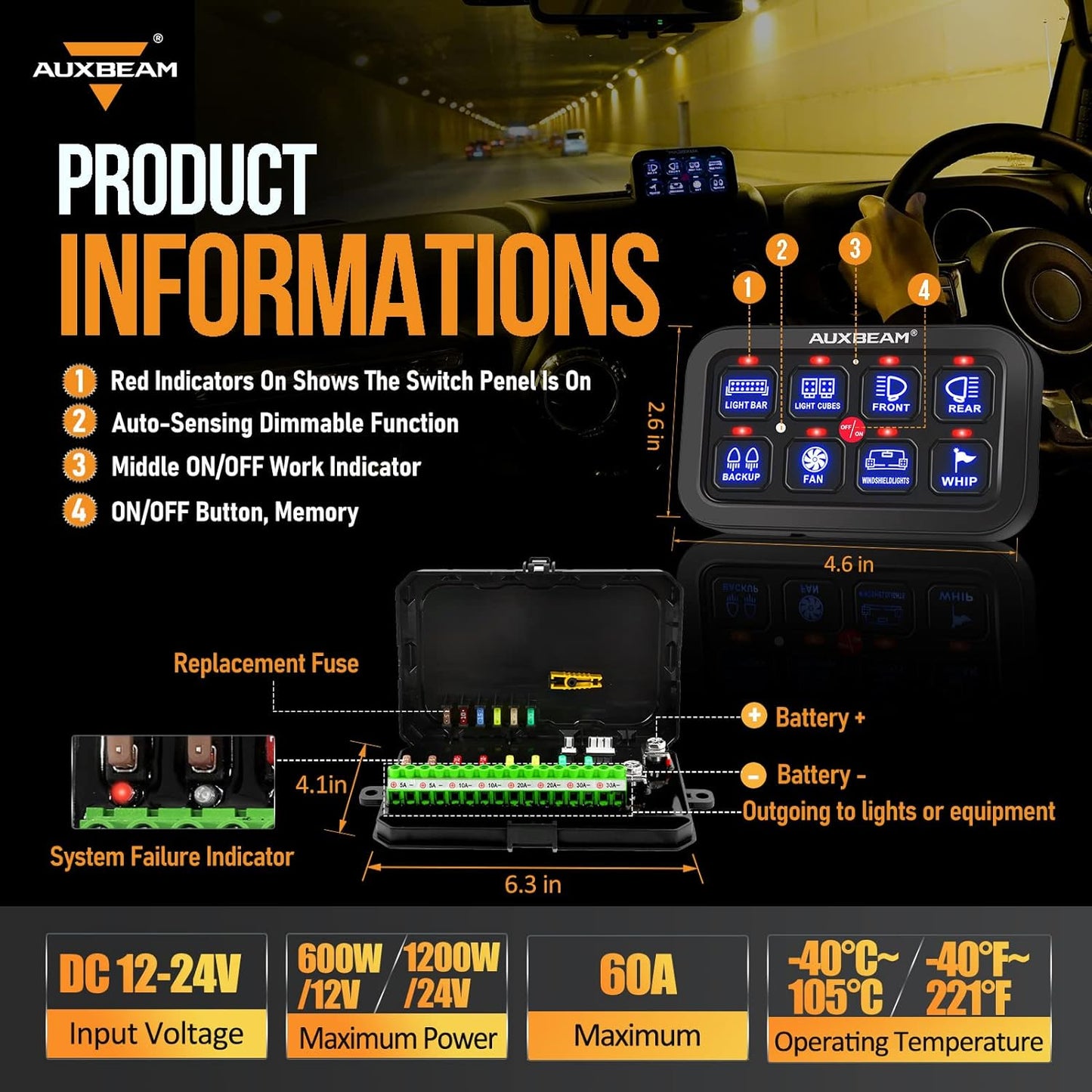 Auxbeam 8 Gang Switch Panel BA80 Automatic Dimmable LED Touch Control Panel Box Electronic Relay System Car Touch Switch Box Universal for Truck ATV UTV Boat Marine SUV Caravan -Blue, 2 Years Warranty
