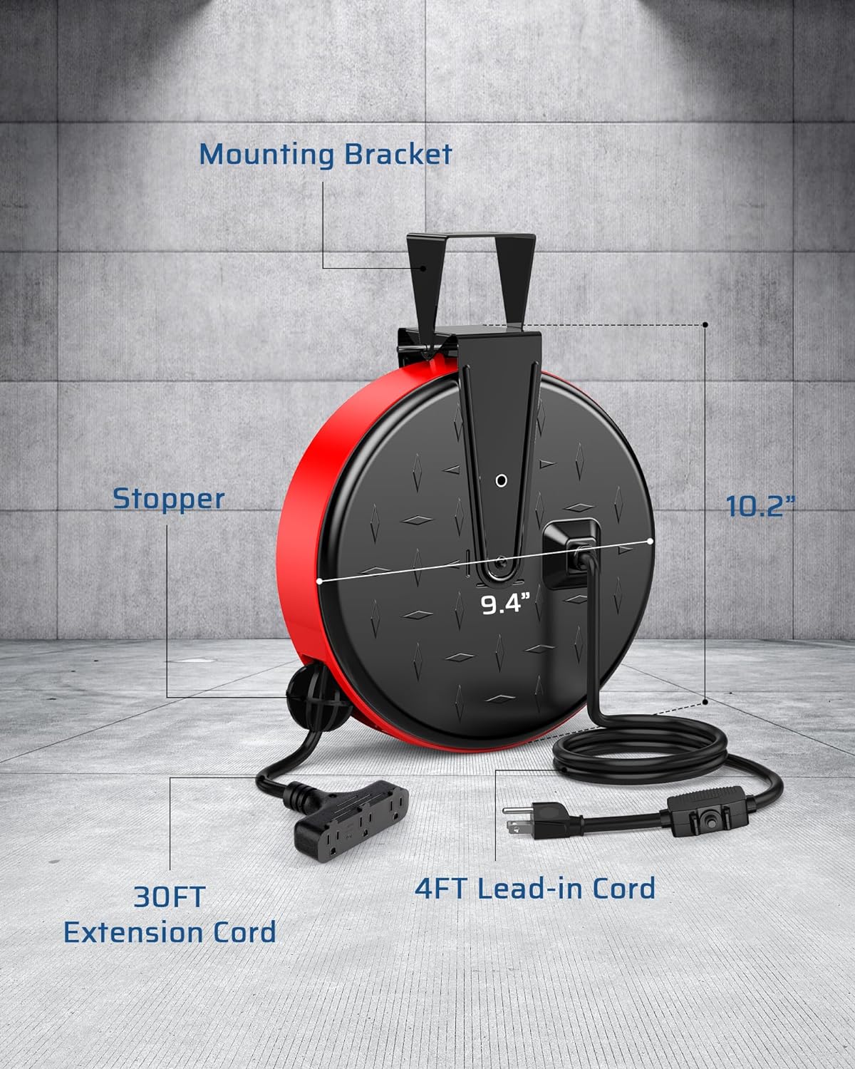 DEWENWILS 30 Ft Retractable Extension Cord Reel, Ceiling or Wall Mount 16/3 Gauge SJTW Power Cord with 3 Electrical Outlets Pigtail for Garage and Shop, 10 Amp Circuit Breaker, Metal Plate, UL Listed