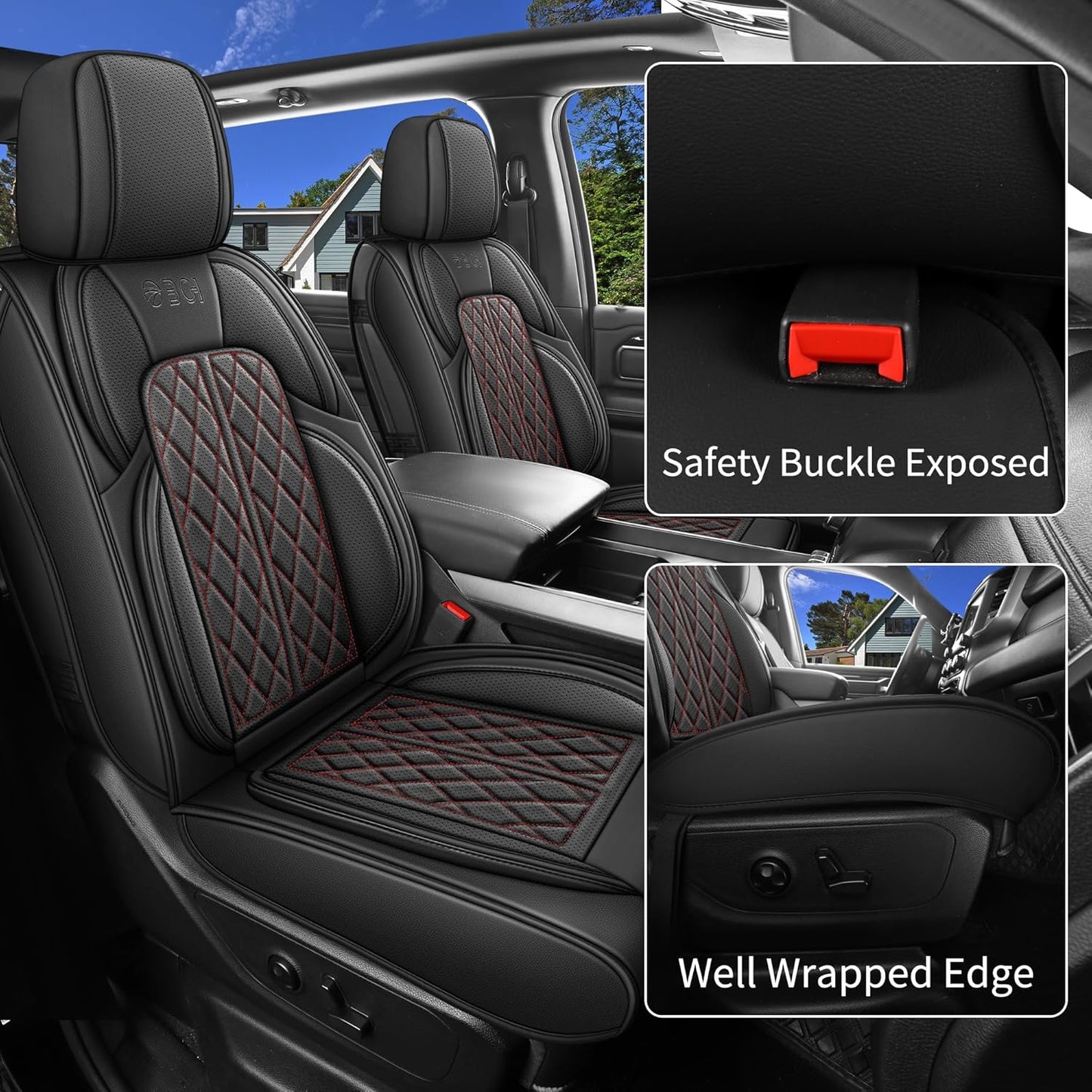 Car Seat Cover Custom Fit for Dodge Ram 1500 2500 3500 2002-2024 Faux Leather Seat Cover Set Compatible with Crew Quad Regular Cab Pickup Truck Cushions (Black Redline, Front Seat)