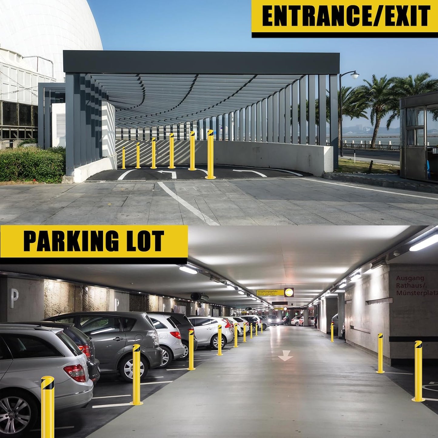 Safety Bollards, Steel Bollard Post, Yellow Powder Coated Safety Parking Barrier Post for High Traffic Areas (48inch 2Pack)
