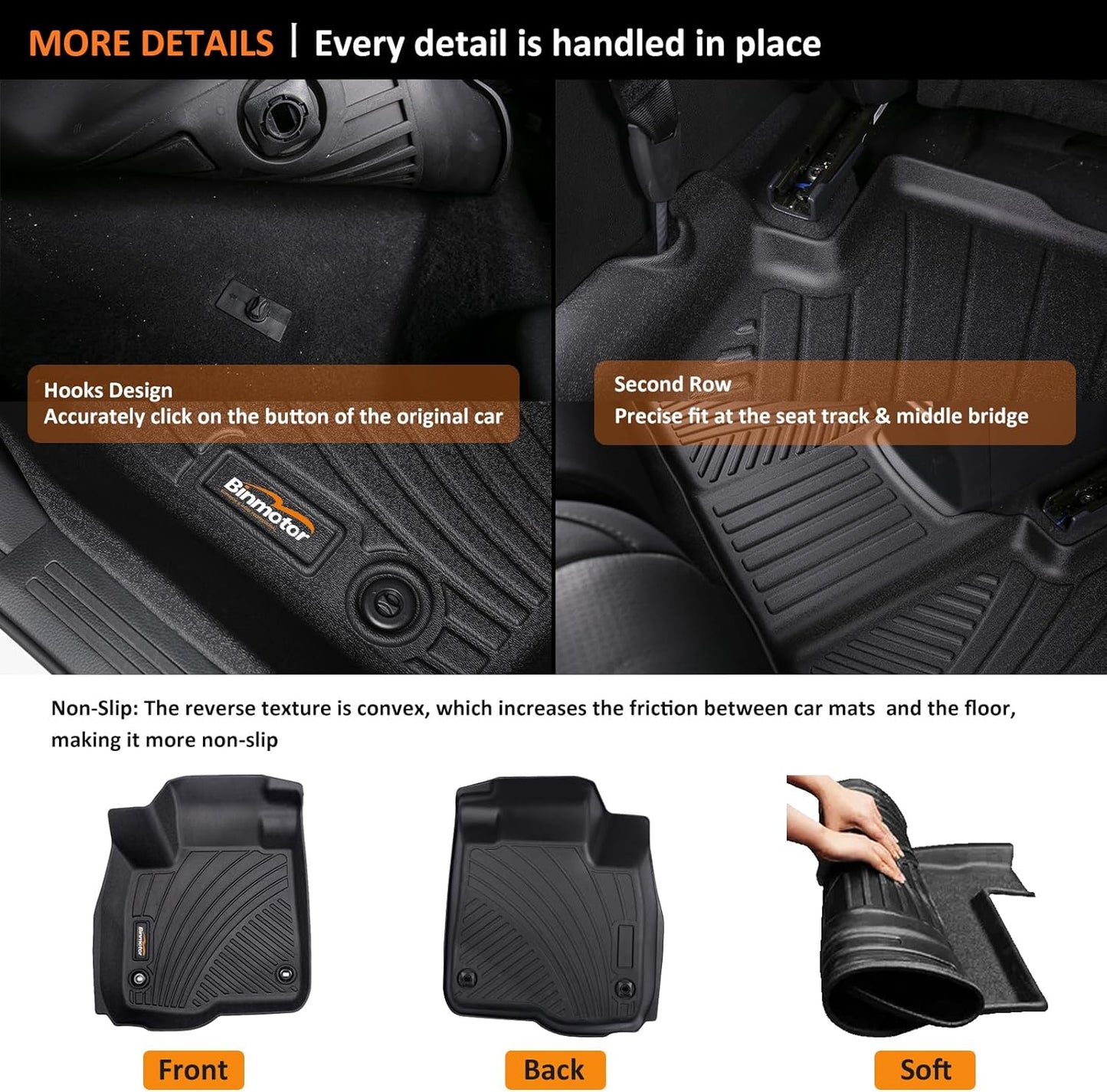 Binmotor-Floor Mats with Cargo Liner for Hyundai kona 2018-2023 & Kona N 2022 2023 (No Electric Model) SE | SEL | N Line | N | Limited Automotive Floor Liners Full Set-Black