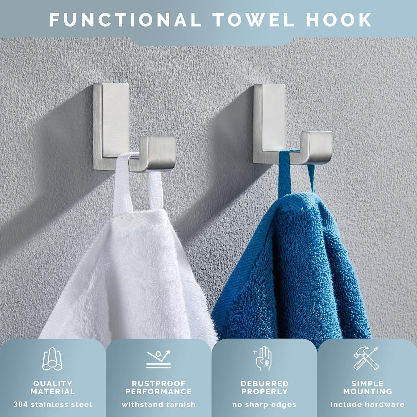 Angle Simple Towel Hooks for Bathroom, SUS 304 Stainless Steel Robe Coat Hooks for Wall, Brushed Nickel, 4 Pack