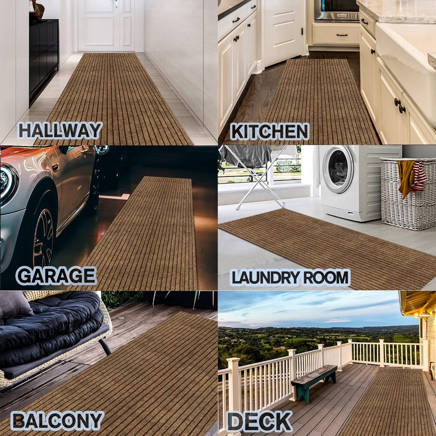 Custom Size Backed Non-Slip Area Rugs Runner, Easy Clean, Waterproof Runner Rugs for Hallway Entryway, Kitchen, Laundry, 3FT x 68FT, Brown Stripe