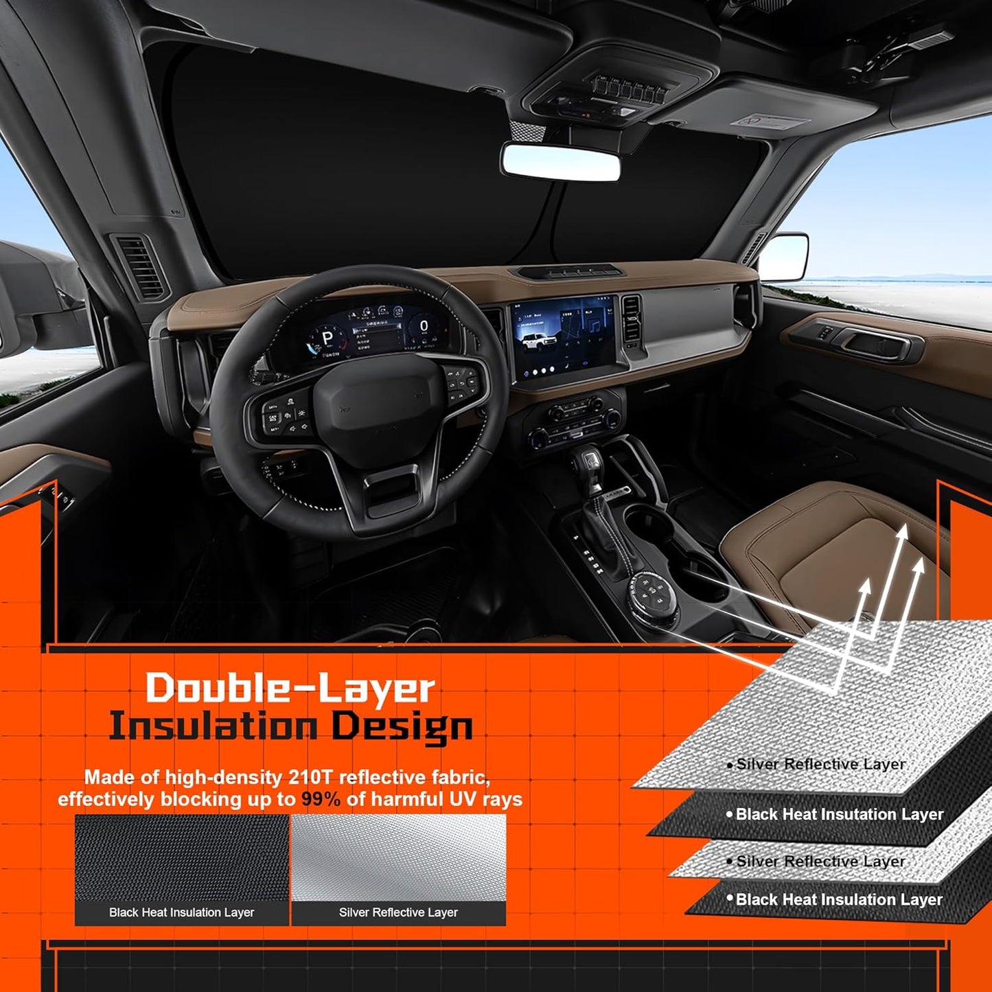Custom Fit Windshield Sun Shade for Lincoln MKZ 2013-2020 - Full Coverage, 210T Reflective Fabric, Double-Layer Design - Blocks 99% UV Rays, Keeps Car Cool, Easy to Install and Store