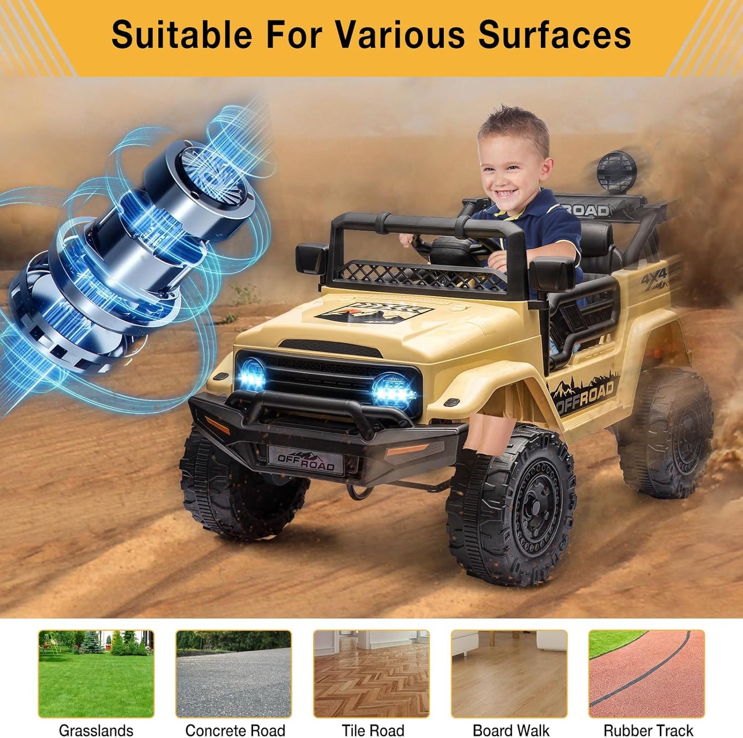 Garvee 12V Kids Ride On Truck Car with Remote Control - Electric Ride On Toys for Toddlers, Spring Suspension, 3 Speeds, LED Lights, Bluetooth Music & Parent Safety Brake