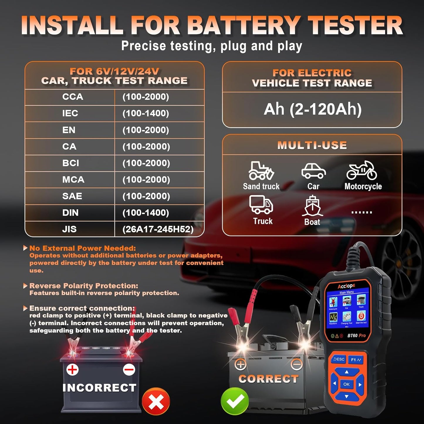 BT60 Pro Acclope Car Battery Tester with Cloud Printing 100-3000 CCA 6V 12V 24V AGM Lithium Gel Battery Checker Automotive Alternator Digital Analyzer Charging Cranking System Vehicles Truck Home-use