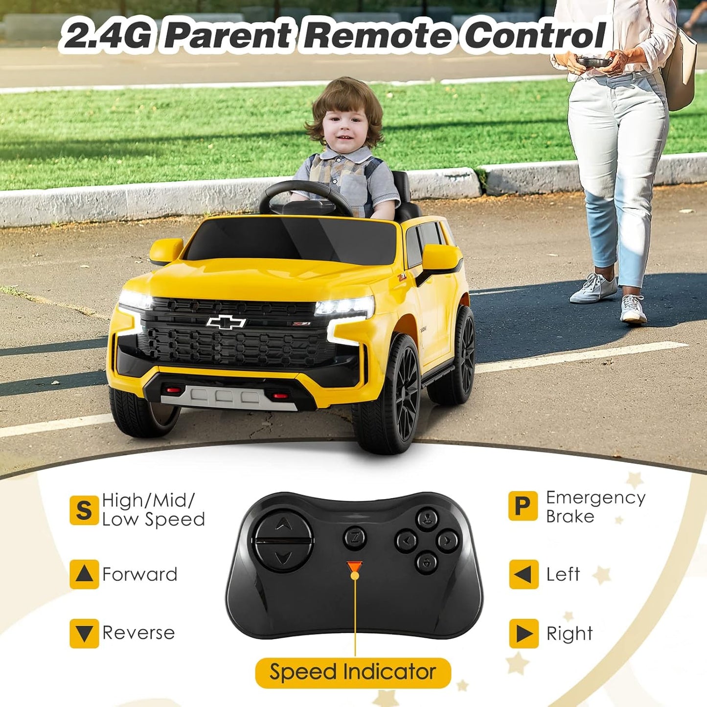 HONEY JOY Ride On Truck, 12V Licensed Chevrolet Tahoe, Chevy Electric Vehicle for Kids, Soft Start, Music, Lights, Battery Powered Ride On Car Toy with Remote Control, Gift for Boys Girls (Yellow)