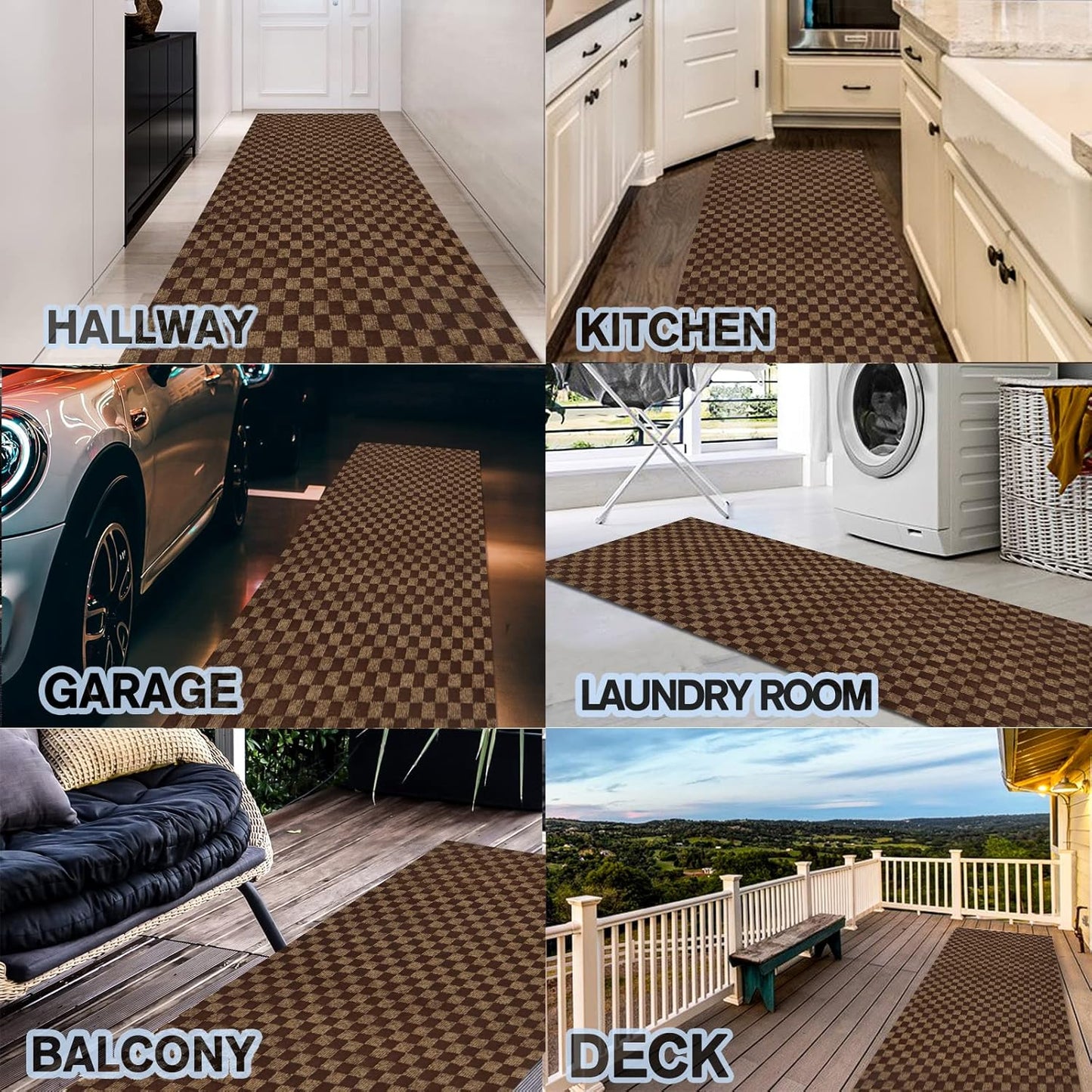 Custom Size Backed Non-Slip Area Rugs Runner, Easy Clean, Waterproof Runner Rugs for Hallway Entryway, Kitchen, Laundry, 2FT x 71FT, Brown Checkered