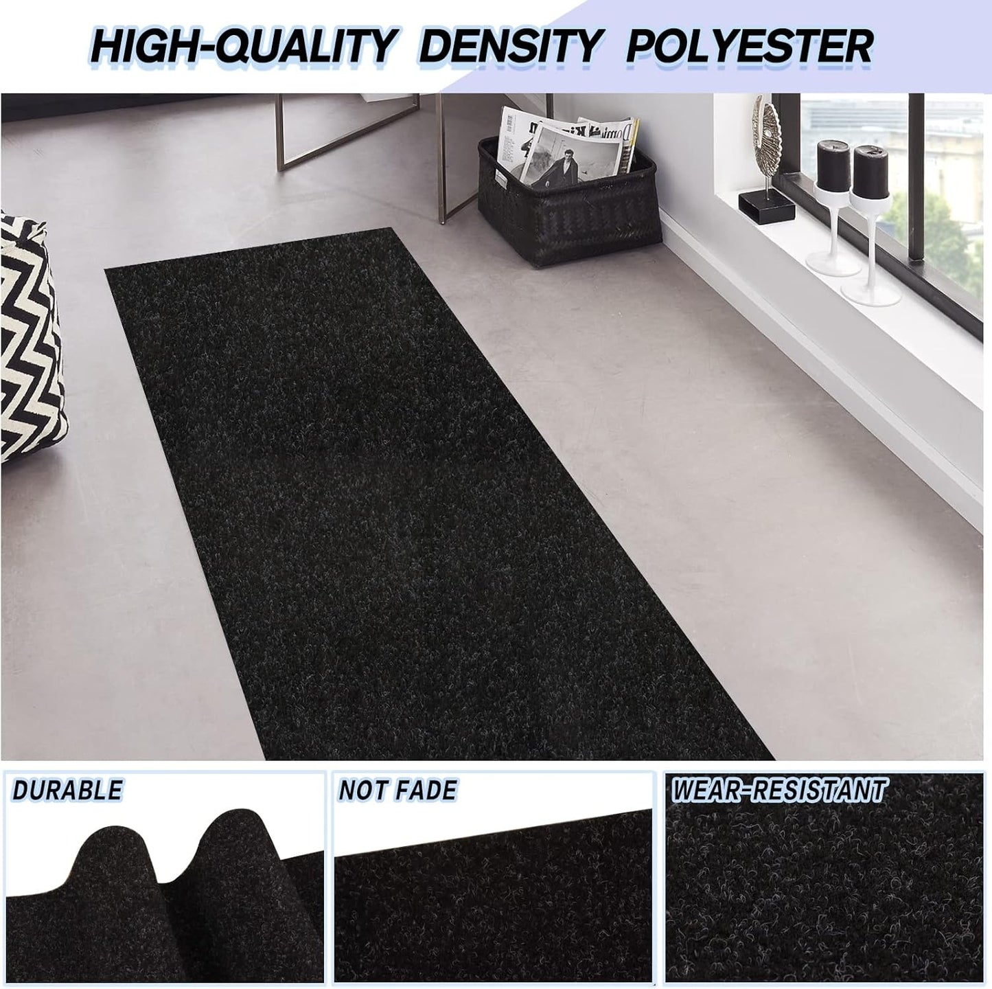 Custom Size Backed Non-Slip Area Rugs Runner, Easy Clean, Waterproof Runner Rugs for Hallway Entryway, Kitchen, Laundry, 3FT x 49FT, Black
