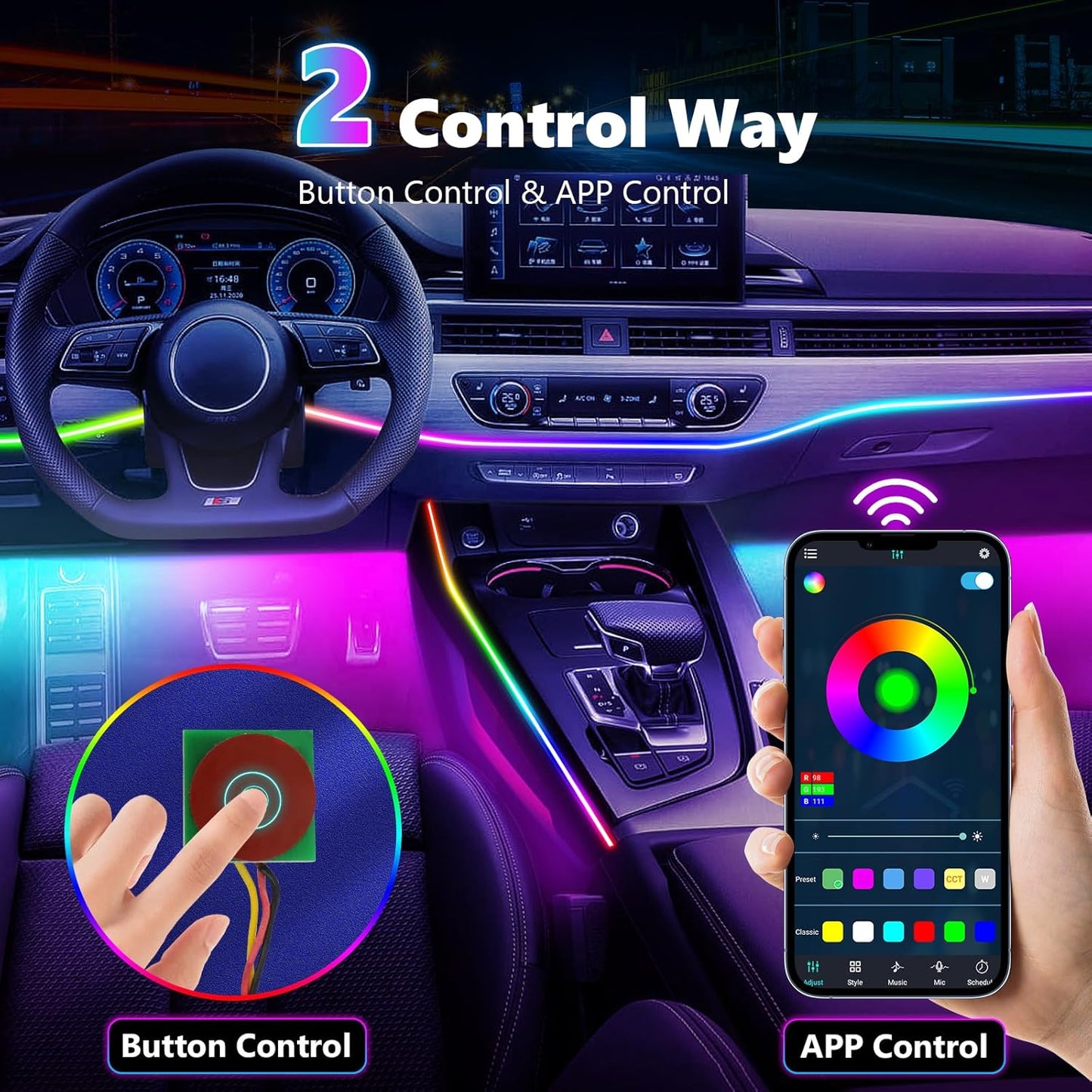 AMKI Dreamcolor Acrylic Interior LED Strip Light, Neon Light with Wireless APP Control, 10 in 1 Sub-Control Ambient Light Kit Accessories with DIY and Music Mode, 16 Million Colors