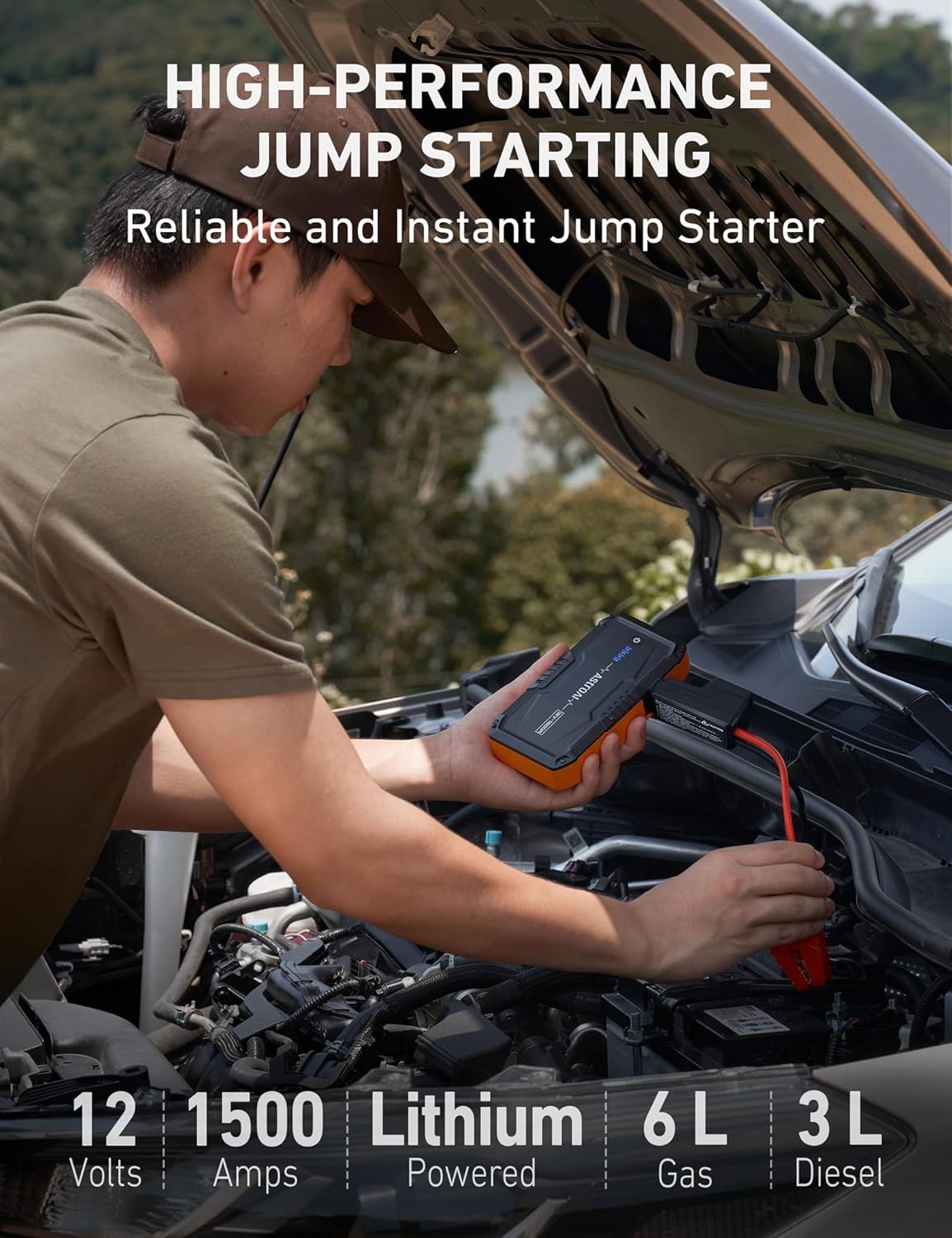 AstroAI S8 Car Battery Jump Starter, 1500A Peak Car Jumper Starter Battery Pack for Up to 6.0L Gas & 3.0L Diesel Engines, 12V Portable Jump Box with 3 Modes Flashlight and Jumper Cable (Orange)