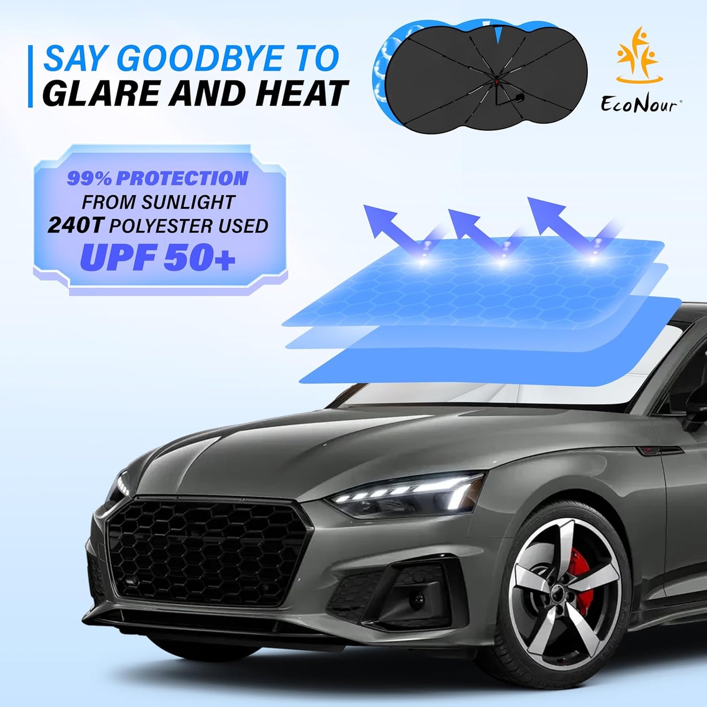 EcoNour Car Windshield Sunshade Umbrella | Foldable Windshield Sun Shade Cover | Front Car Window Shade for Maximum UV Rays & Heat Protection | 240T Polyester Umbrella Sunshade