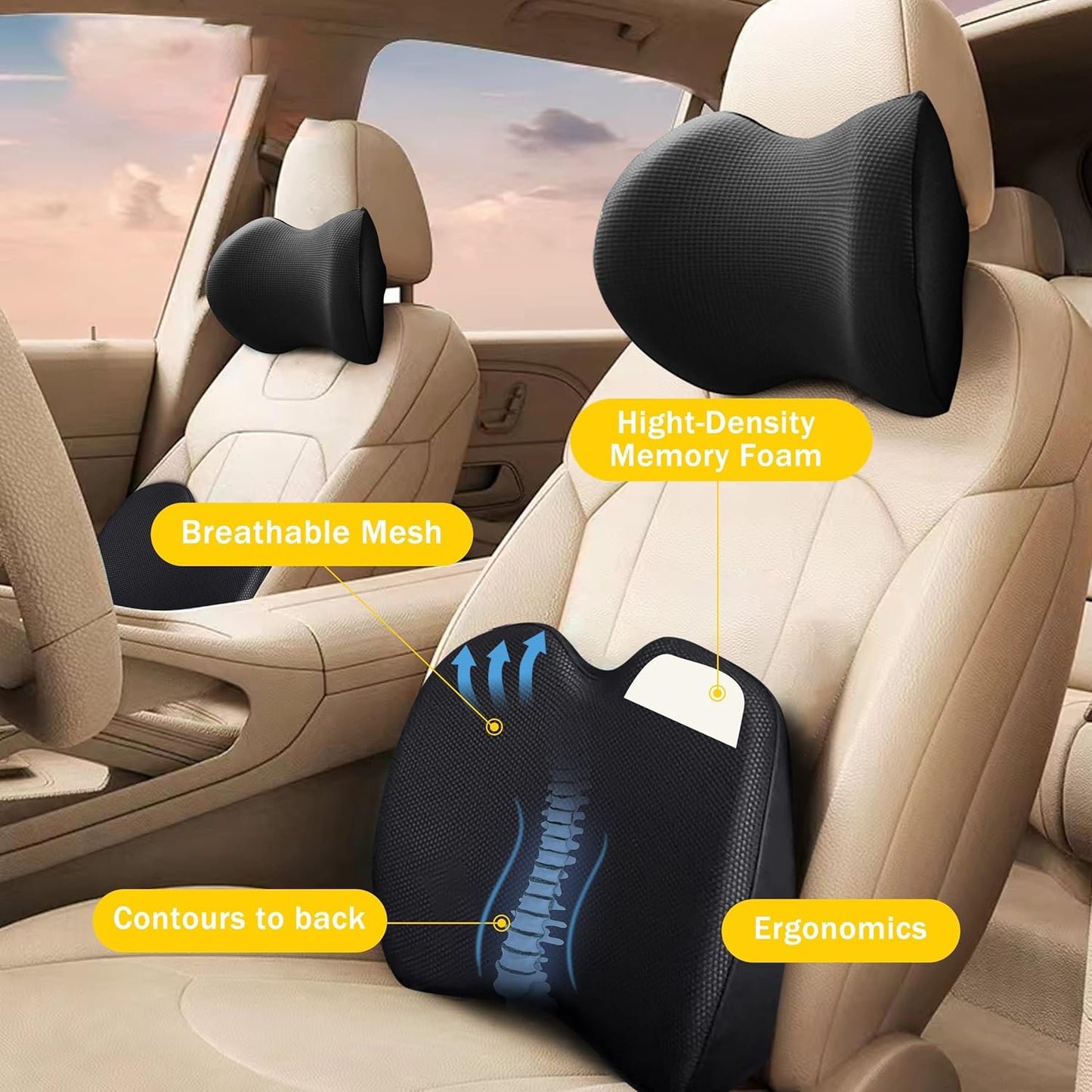 Super Soft Lumbar Support Pillow for Car, 100% Memory Foam Lumbar Pillow with Breathable Removable Cover, Ergonomic Design - Back Pillow Lumbar Support Pillow for Car Seat/Back Pain Relief(Black,1PC)