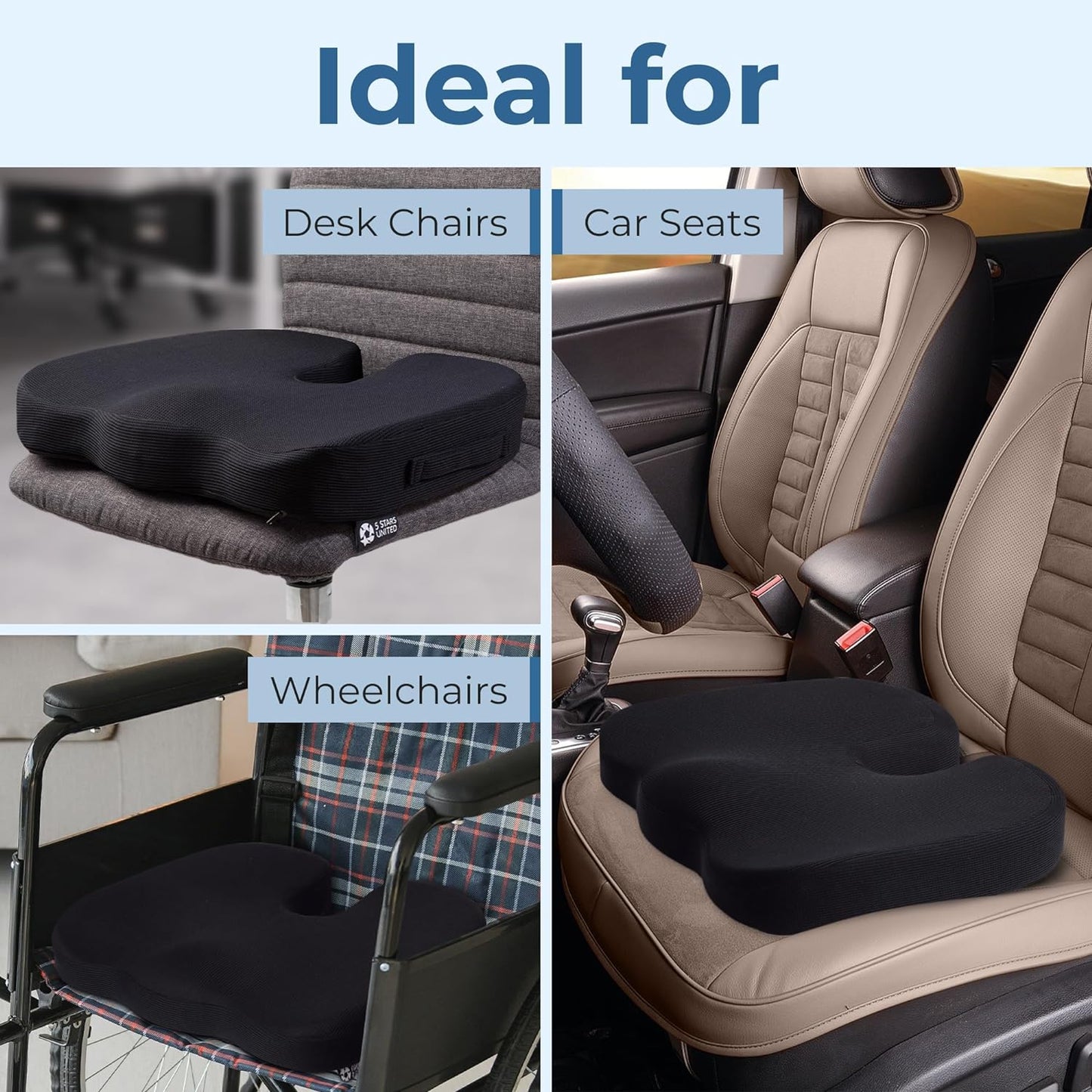 5 STARS UNITED Seat Cushion for Tailbone Pain Relief – Large Memory Foam Lifting Pillow for Coccyx, Hip, Sciatica & Post-Surgery Recovery – Wheelchair, Car, Desk, Gaming & Office Chairs, Blue