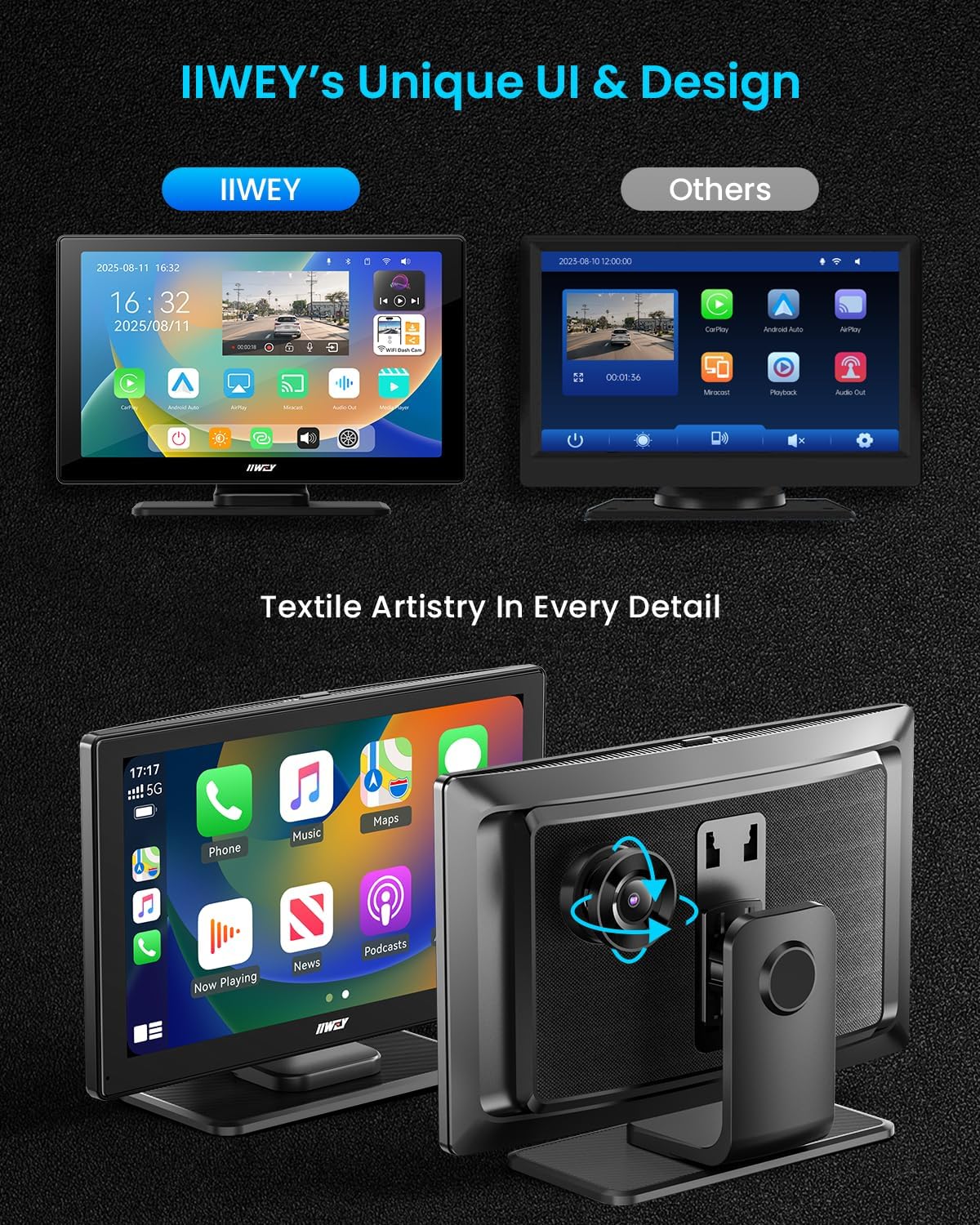 IK5 9" Wireless Apple CarPlay & Android Auto Screen, Portable Car Stereo with 4K Dash Cam & 1080p Backup Camera, Add CarPlay to Any Vehicle, Touchscreen, GPS, Mirror Link