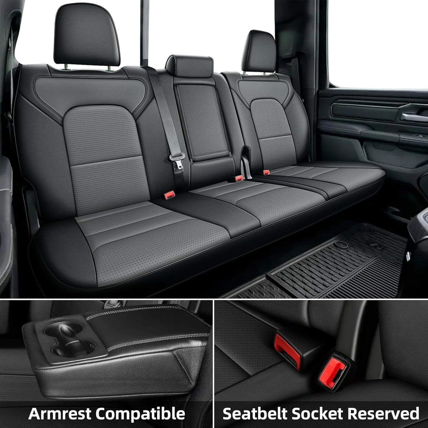 AOMSAZTO Custom Fit Seat Covers for Ram 1500: 2019 2020 2021 2022 2023 2024 2025 Faux Leather Car Seat Covers Full Set Black+Gray