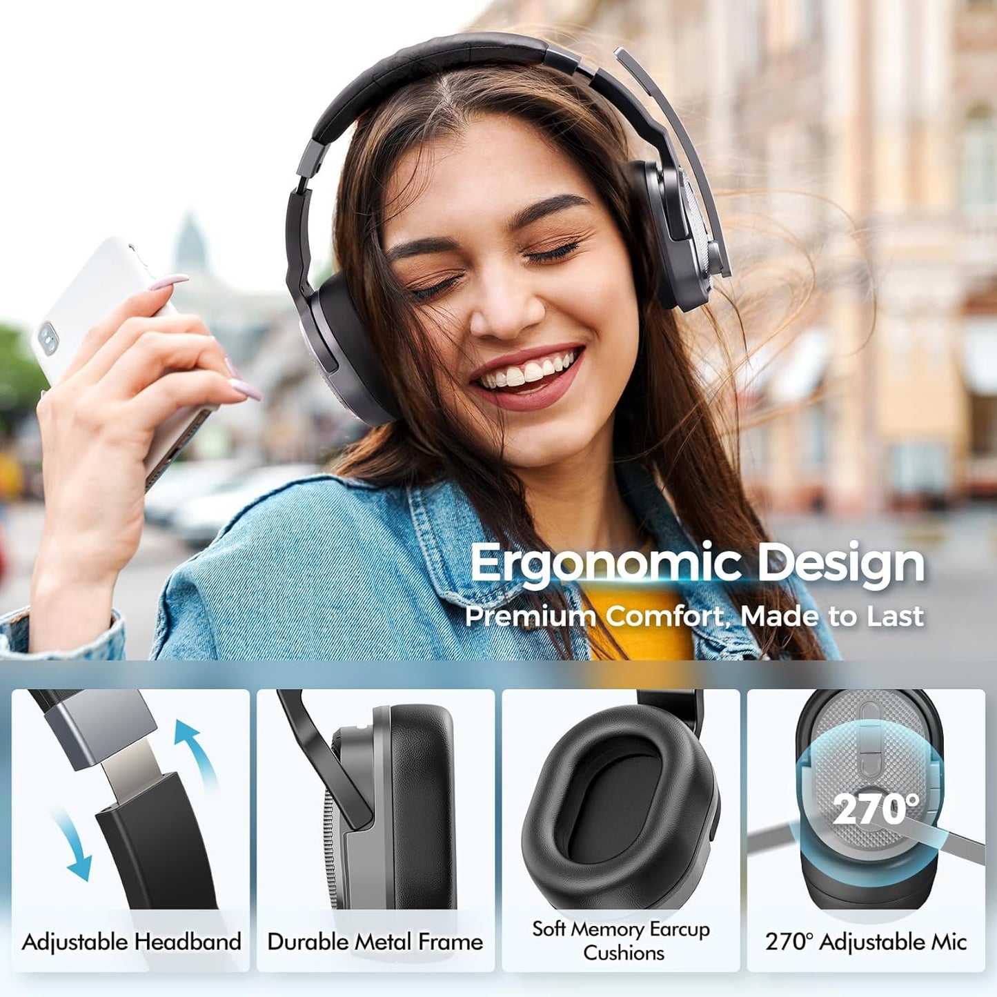 Trucker Bluetooth Headset, Wireless Headsets with Noise Cancelling Microphone, 50+Hrs HD Talktime Bluetooth Headphones with Detachable Earpad/Single+Dual Mode for Office/Driving/Home (Silver)