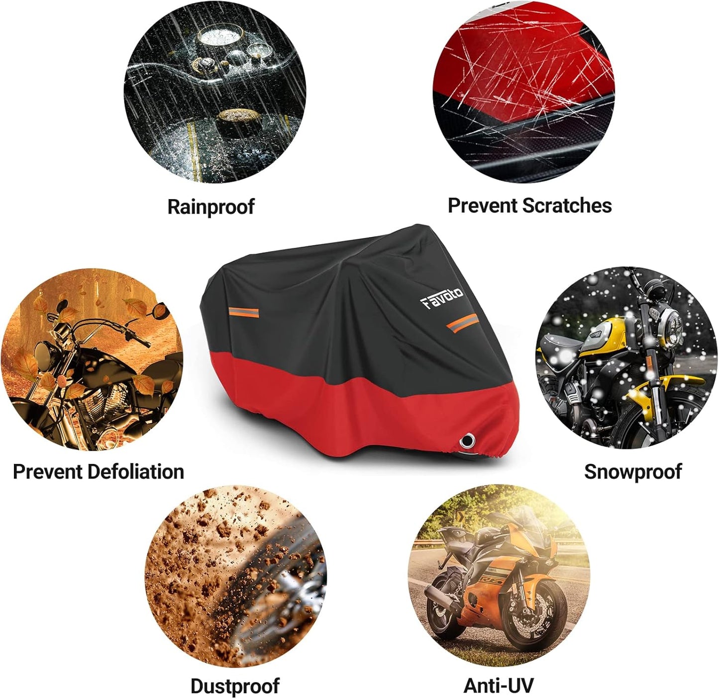 Favoto Motorcycle Cover Waterproof Outdoor - Universal Fit Motorbike Cover with 3 Night Reflectors Lock-Hole Carrying Bag Windproof Dustproof Rain Sun Protection (116 inch Length)