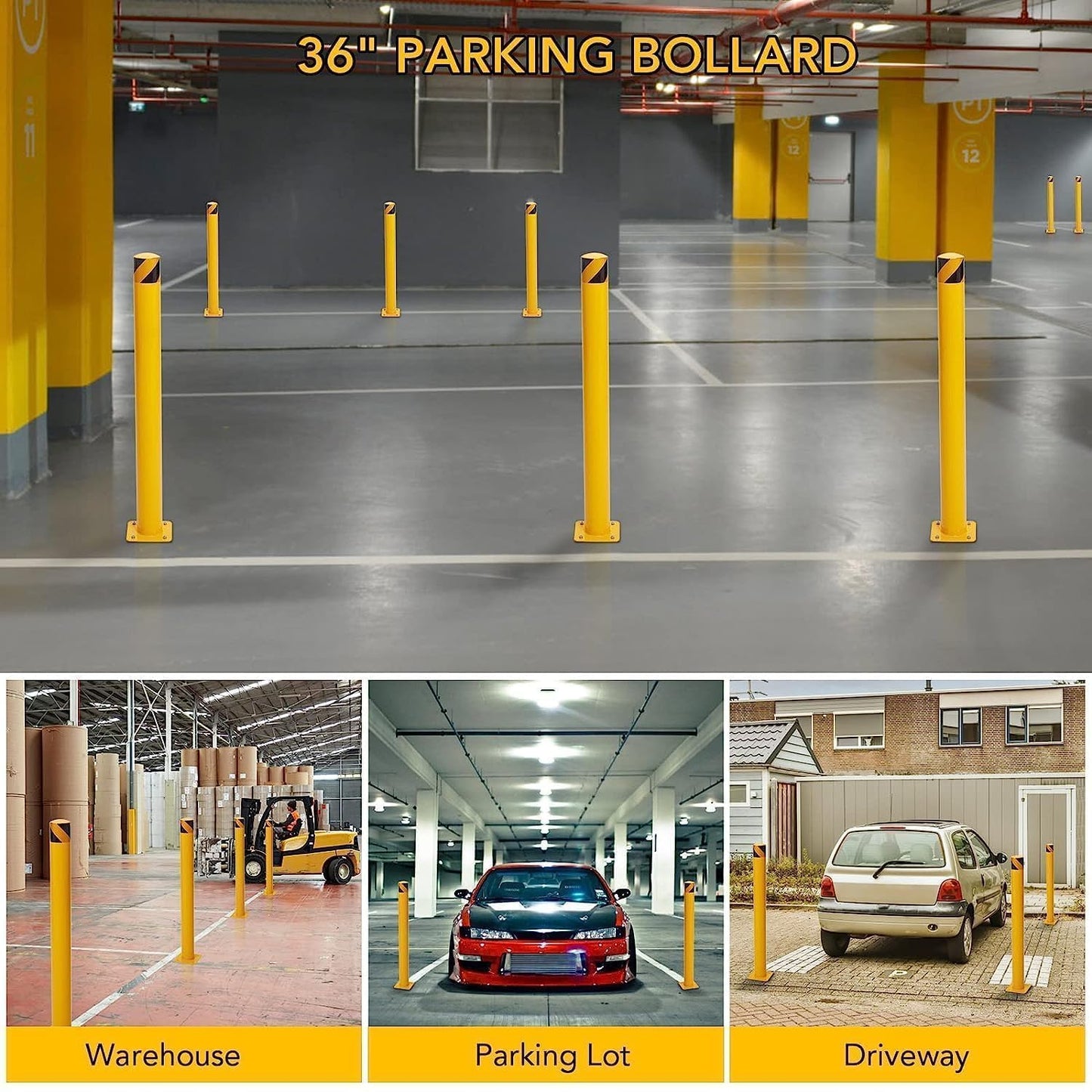 Safety Bollard 6 Packs,36 Inch High Heavy-Duty Yellow Safety Bollard Steel Posts,4.5 Inch Diameter,Safety Bollard with 16 Anchor Bolts - Perfect for Traffic Control, Driveway Barriers,Parking Poles