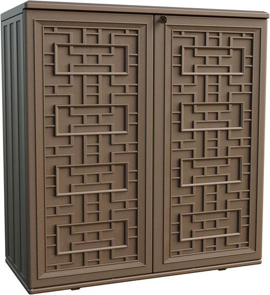 Indoor Outdoor Storage Cabinet Waterproof with 1 Shelf, Plastic Outdoor Storage Cabinets for Patio/Garden/Backyard, Size 34.3''L*15''W*36.2''H(Brown)