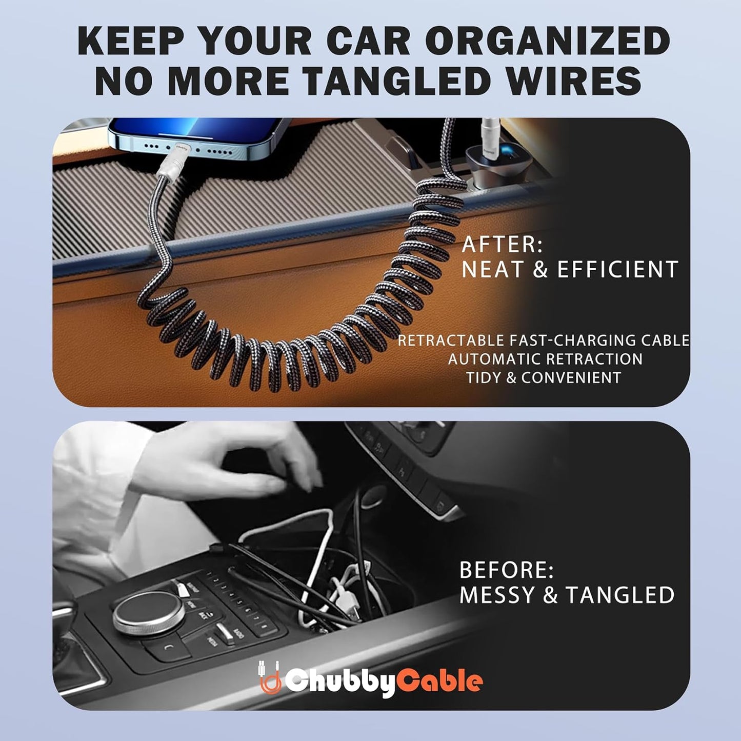 chubbycable Curly Chubby - Retractable Fast Charging Cable 240W Coiled Charger Cord for Car Durable USB-C Cable for Phones, Tablets and More, Yellow+Yellow, USB-A to Type-C, 1.3FT-2.3FT