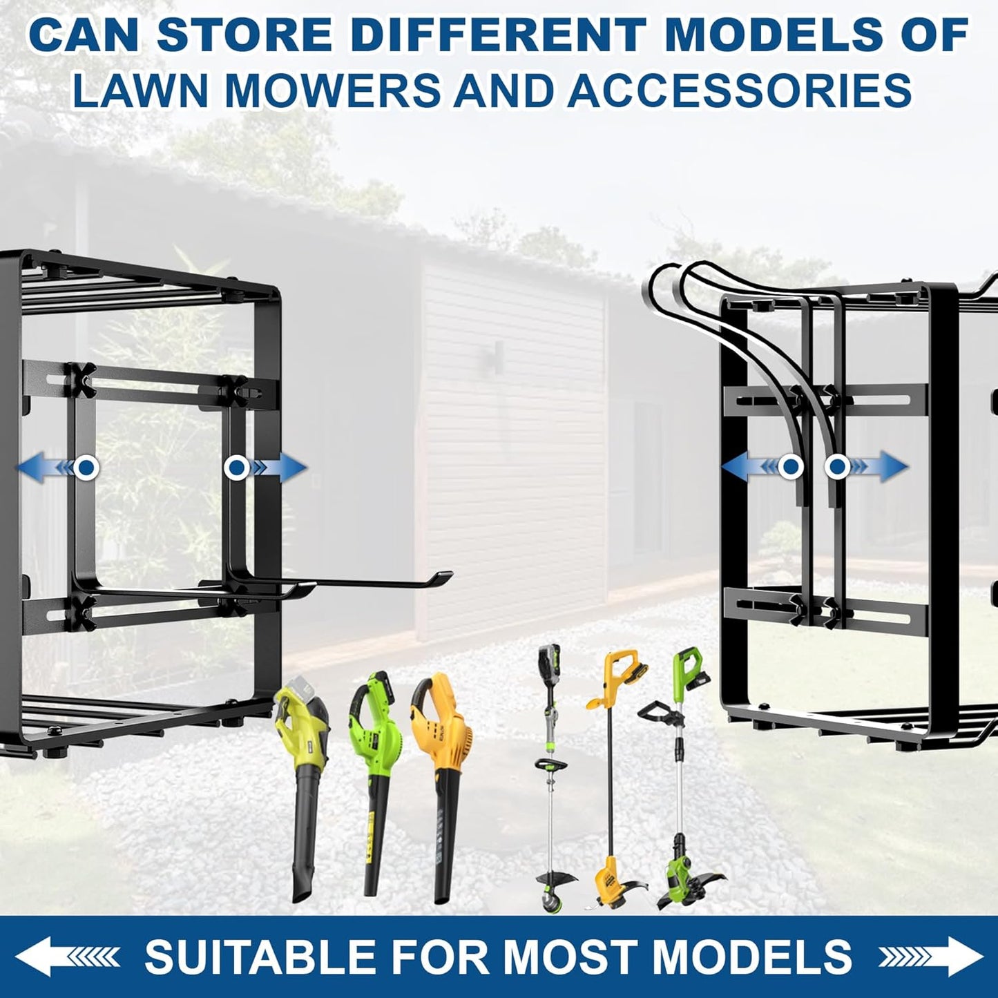 Pugala Universal Storage Rack for Leaf Blower, Weed Eater, and Power Tools – Adjustable Wall Mount Organizer with Heavy-Duty Steel, Powder-Coated Finish, and Battery Storage – Black