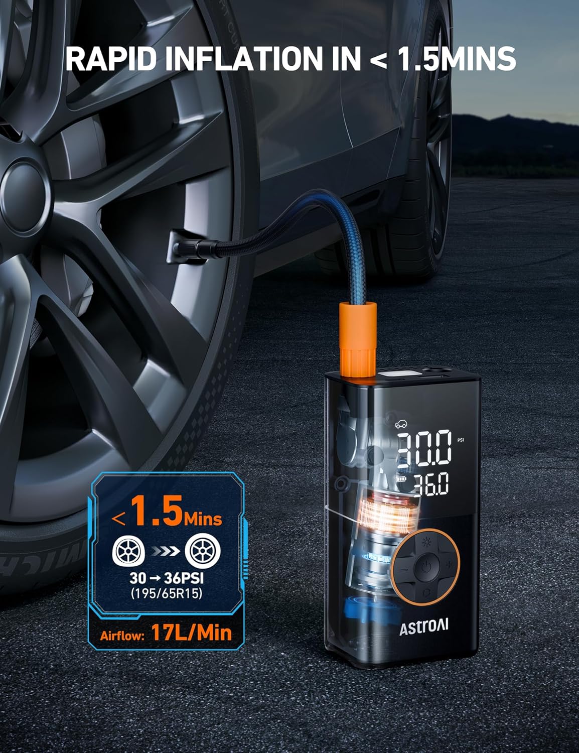 AstroAI L7 Tire Inflator Portable Air Compressor Cordless Mini Bike Pump with Digital Dual Values Display, 150 PSI Car Tires Air Pump with LED Lights&Pressure Gauge for Auto, Motorcycles, Bikes, Balls