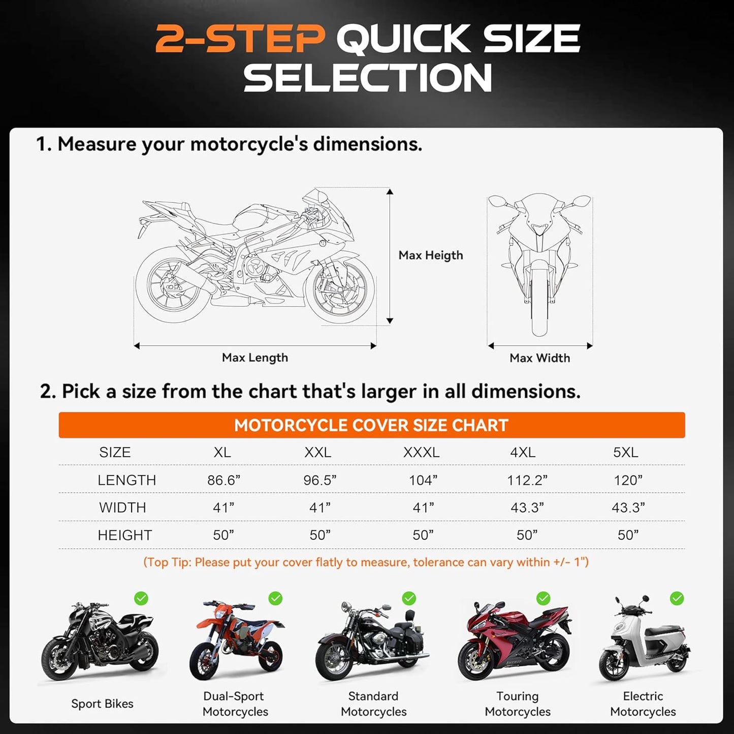 Motorcycle Cover Waterproof Outdoor, 300D Heavy Duty, UV & Rain Resistant, 3 Wind-Resistant Buckles, Dual Lock Holes, Includes Storage Bag, Fits Most Motorcycles up to 104",Black