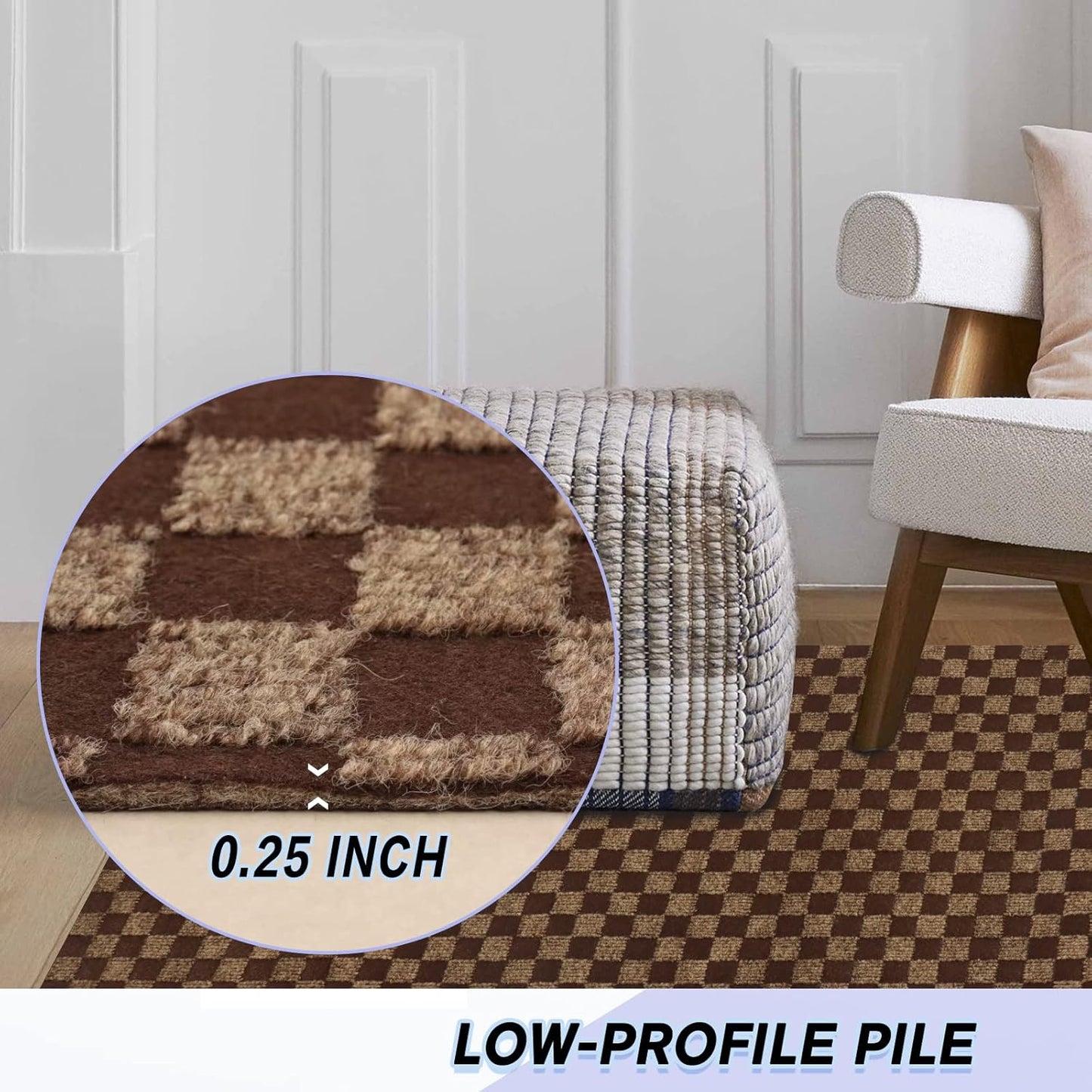 Custom Size Backed Non-Slip Area Rugs Runner, Easy Clean, Waterproof Runner Rugs for Hallway Entryway, Kitchen, Laundry, 4FT x 18FT, Brown Checkered