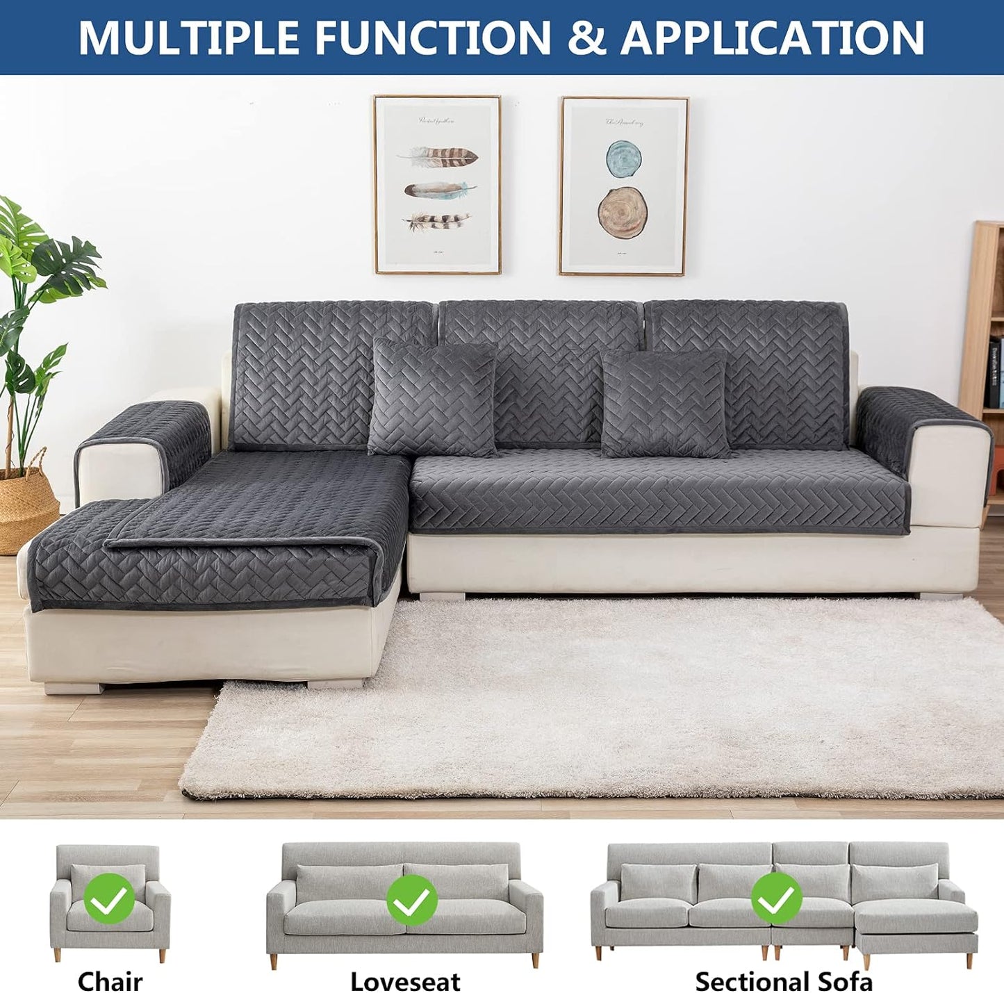 Eismodra Couch Cover,Sectional Couch Covers,Sofa Covers for 3 Cushion Couch,Anti-Slip Sofa Slipcovers for Dogs Cats Kids Loveseat Recliner L Shaped Armrest Backrest,Dark Gray 36''x47''(Only 1 Piece)
