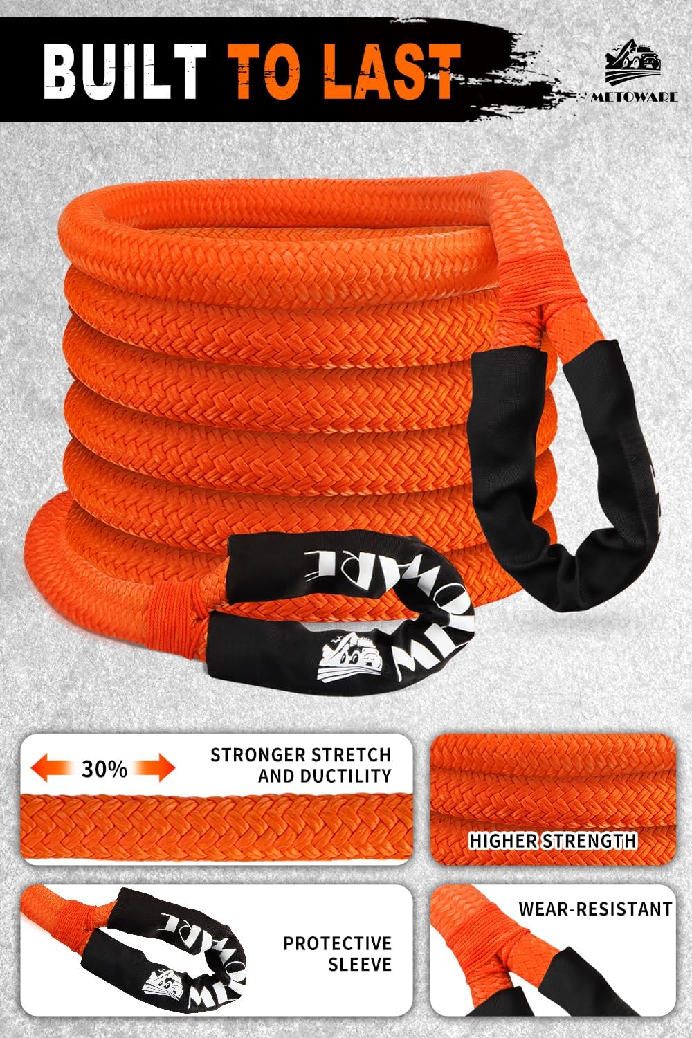 Metoware Kinetic Recovery Rope Kit with 2 Soft Shackles, 56000lbs, 1.25'' X 30FT, Heavy Duty Tow Rope for UTV, ATV, Truck, Tractor