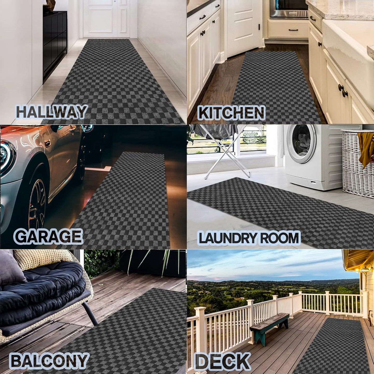 Custom Size Backed Non-Slip Area Rugs Runner, Easy Clean, Waterproof Runner Rugs for Hallway Entryway, Kitchen, Laundry, 2FT x 56FT, Gray Checkered