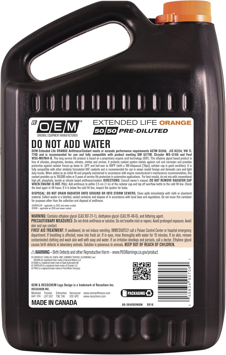 OEM Recochem American Vehicles Premium Antifreeze 50/50 Extended Life Coolant Orange, 1 Gallon, 1 Pack