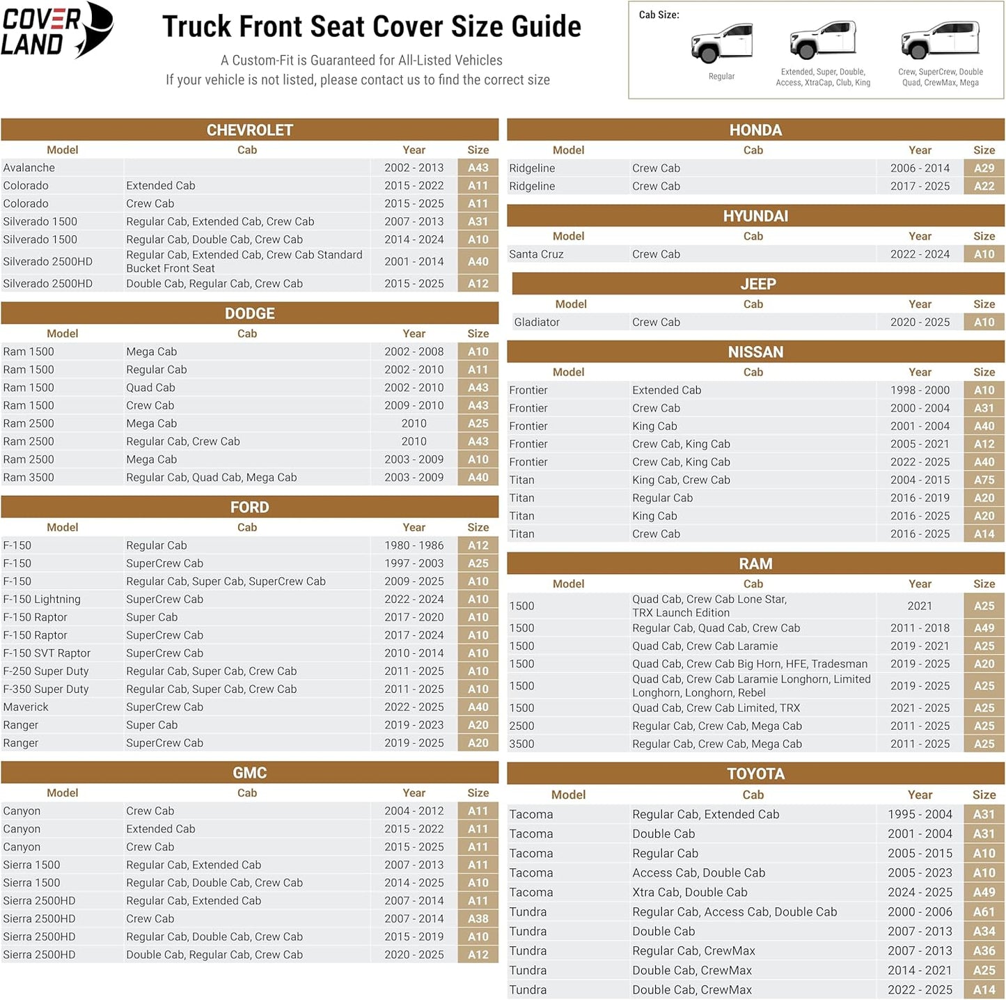 Coverland Custom Car Seat Covers Compatible with 2007-2013 Tundra Double Cab - Premium Leather Non-Slip Memory Foam Waterproof Cover Interior Protector Front Seat-Beige [See Size Chart-Size A34]