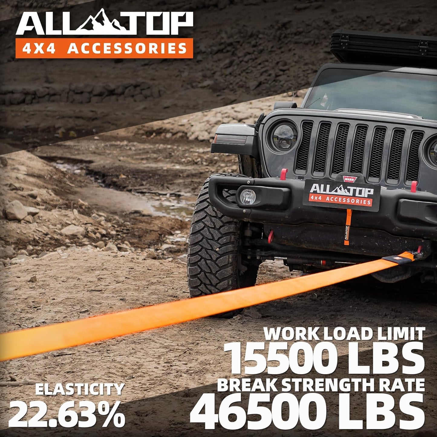 ALL-TOP Recovery Snatch Strap, 4in x 30ft - 46500Lbs, Extreme Duty 100% Nylon Kinetic Towing Recovery Strap with 22% Elongation & Reinforced Loops